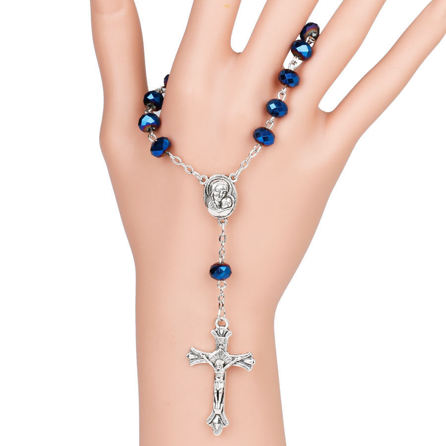AMUSOUL Blue Crystal Gemstone Virgin Mary Bracelet Rosary