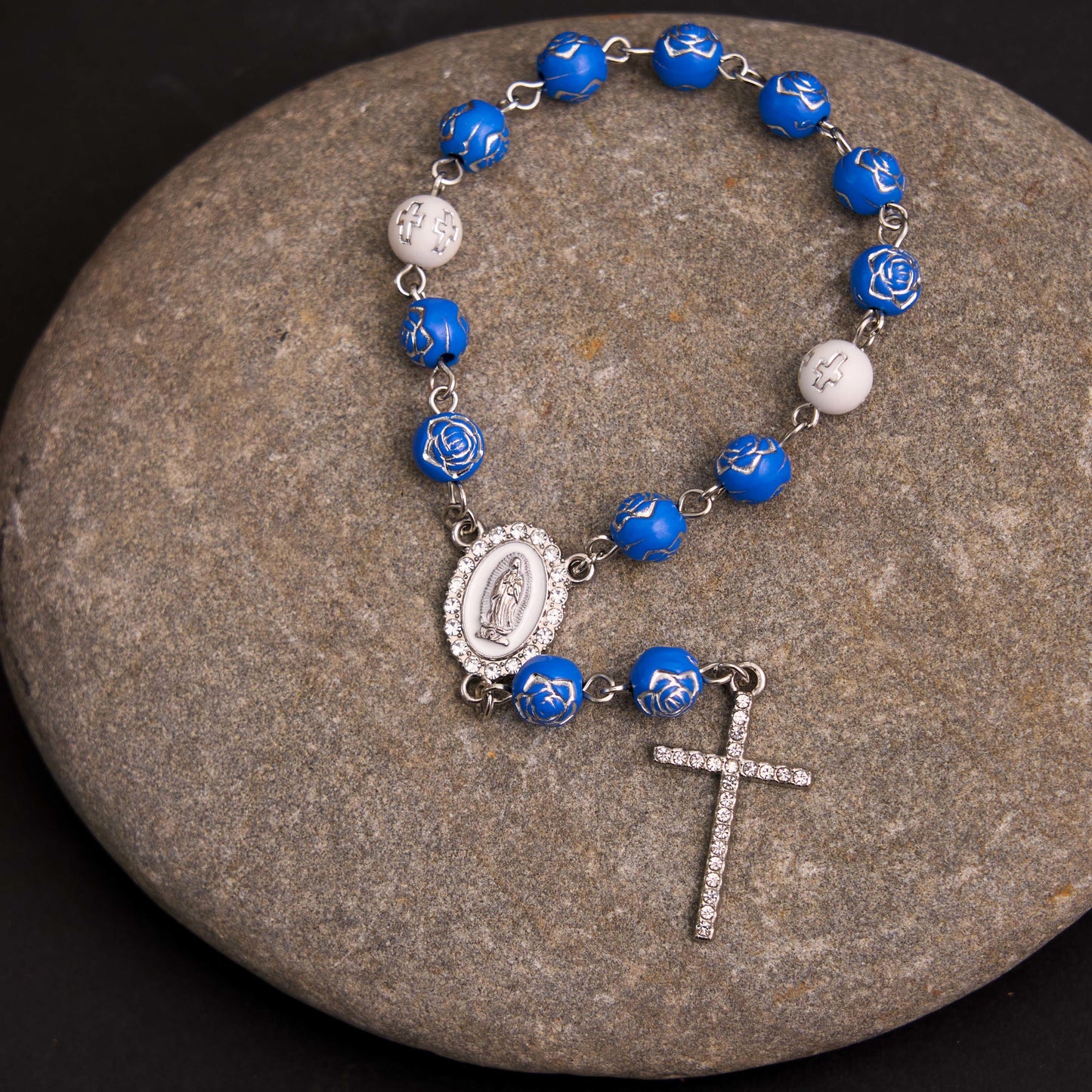 AMUSOUL Rose Beads Cross Our Lady Of Guadalupe Bracelet Rosary