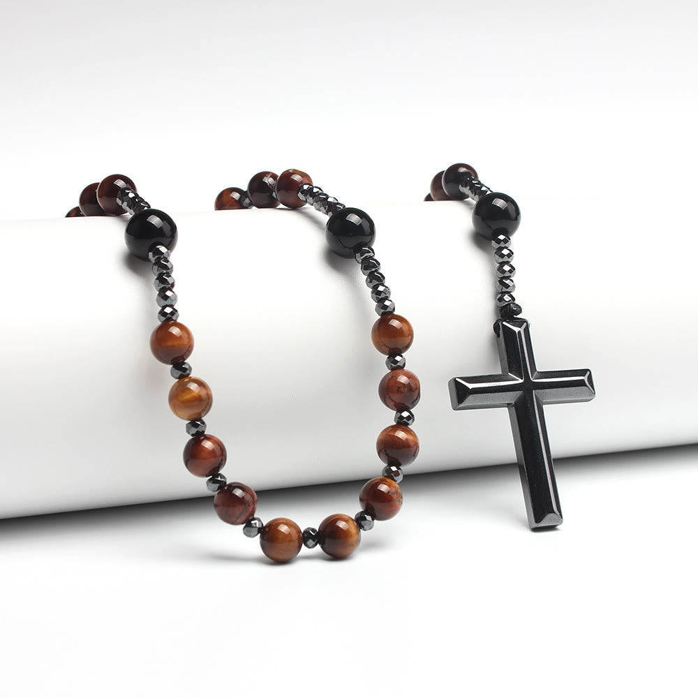 AMUSOUL Agate/Tiger's Eye Stone Cross Catholic Rosary