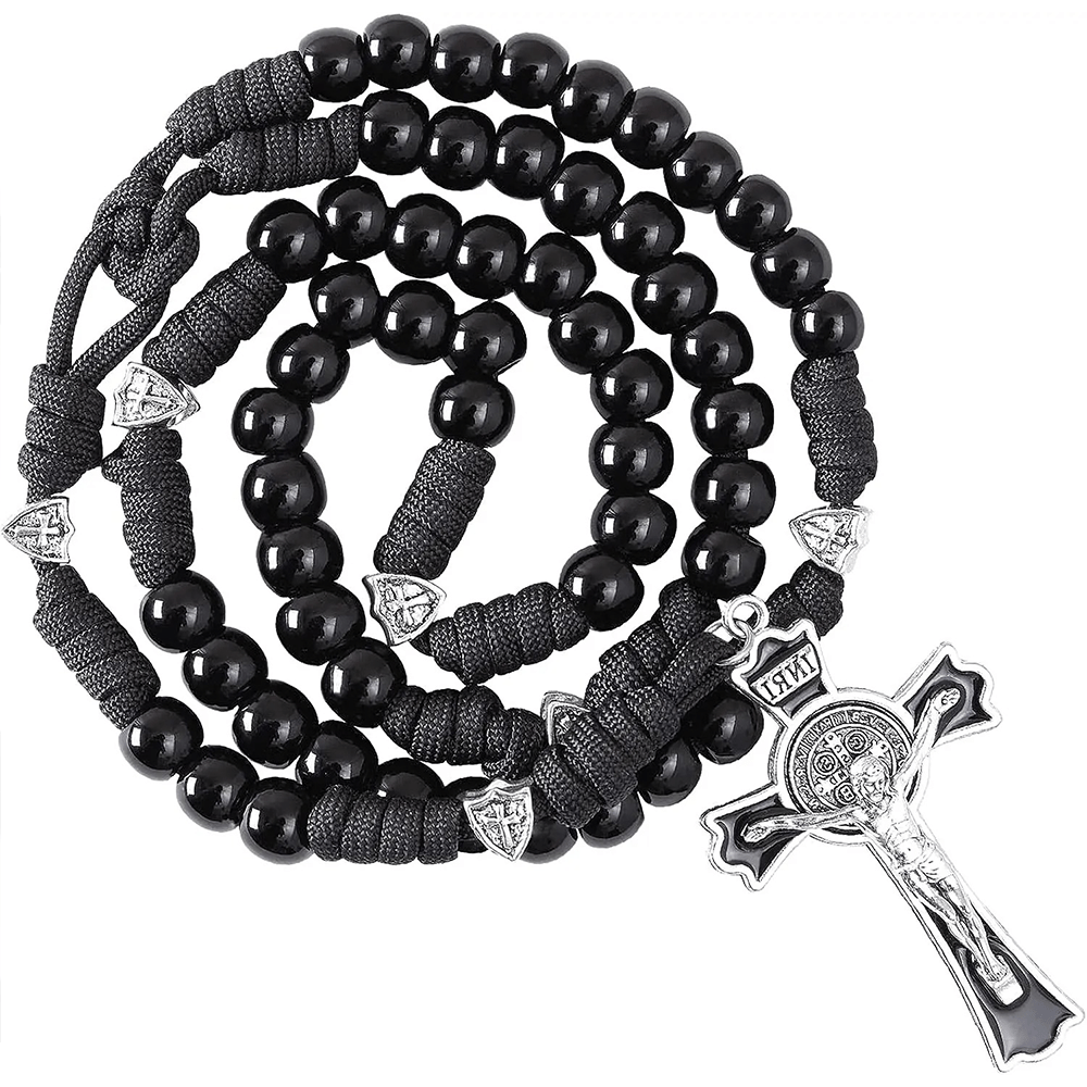 AMUSOUL Fine Crafted Black Sturdy Umbrella Cord Crucifix Rosary