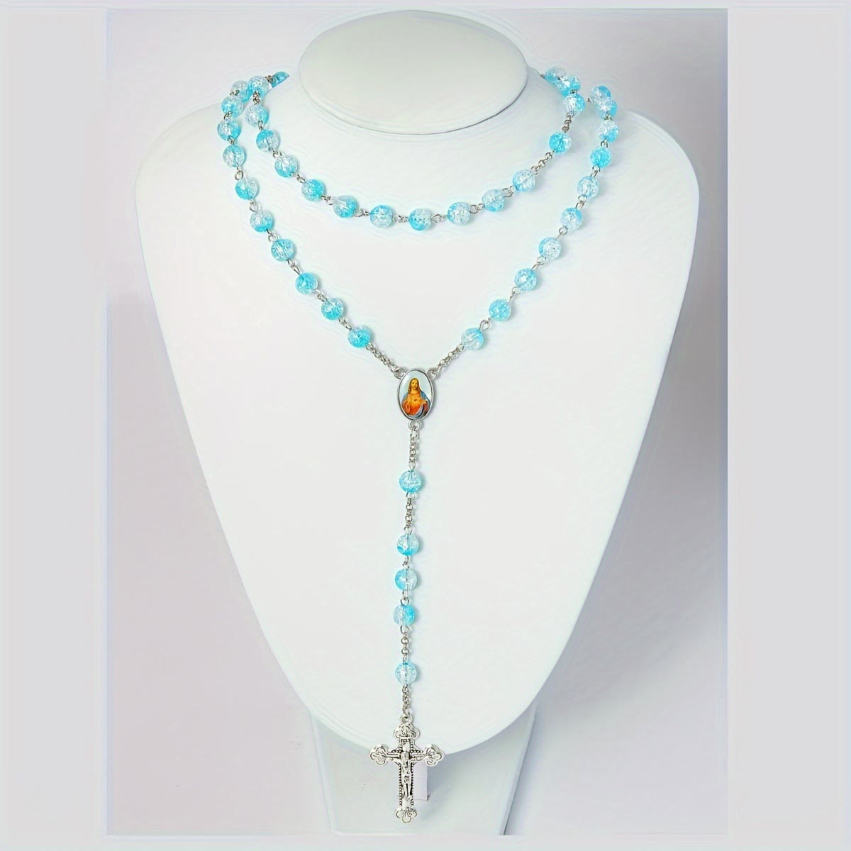 AMUSOUL Celestial Blue Glass Beads Rosary with Jesus Heart & Crucifix