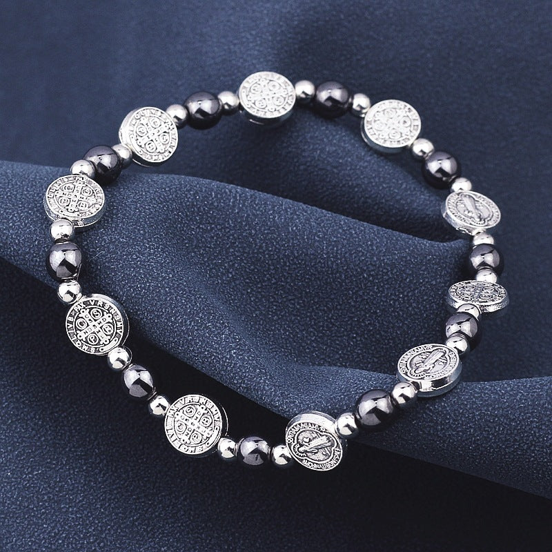 AMUSOUL Black Gallstone St. Benedict Rosary Bracelet