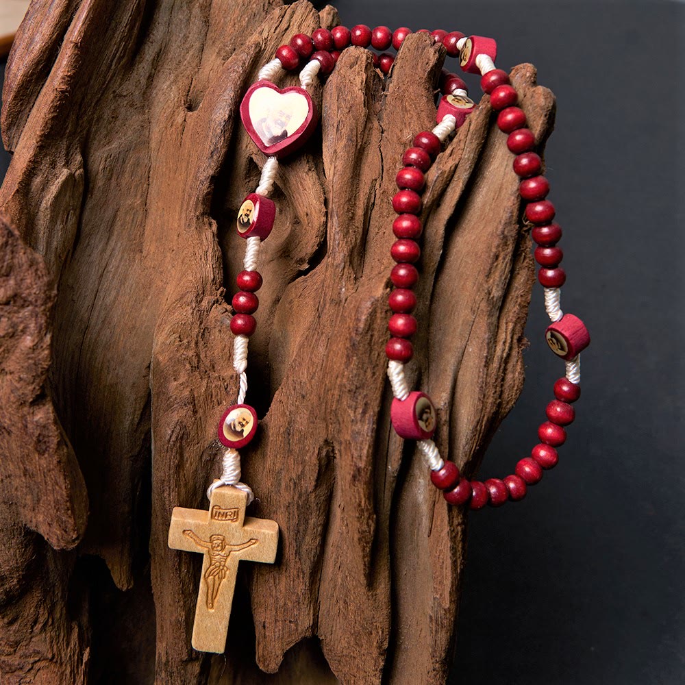 AMUSOUL Wine Red Wooden Beads Cross Virgin Mary Hand Held Rosary