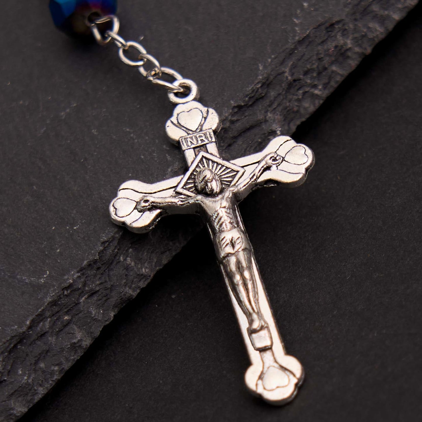 AMUSOUL Blue Crystal Gemstone Virgin Mary Bracelet Rosary
