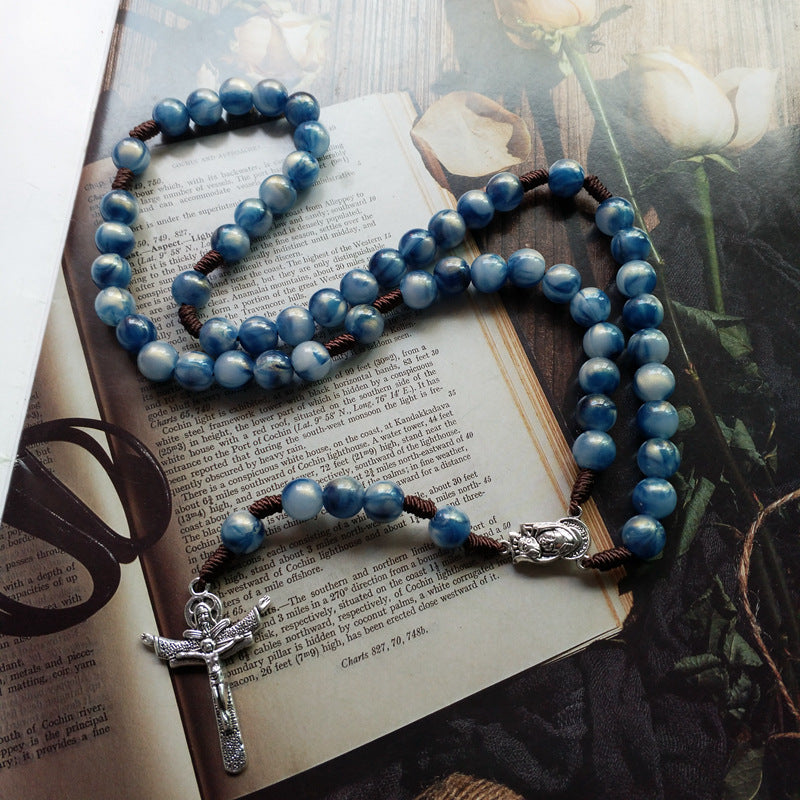 AMUSOUL Blue Beads Hand-Woven Crucifix Rosary