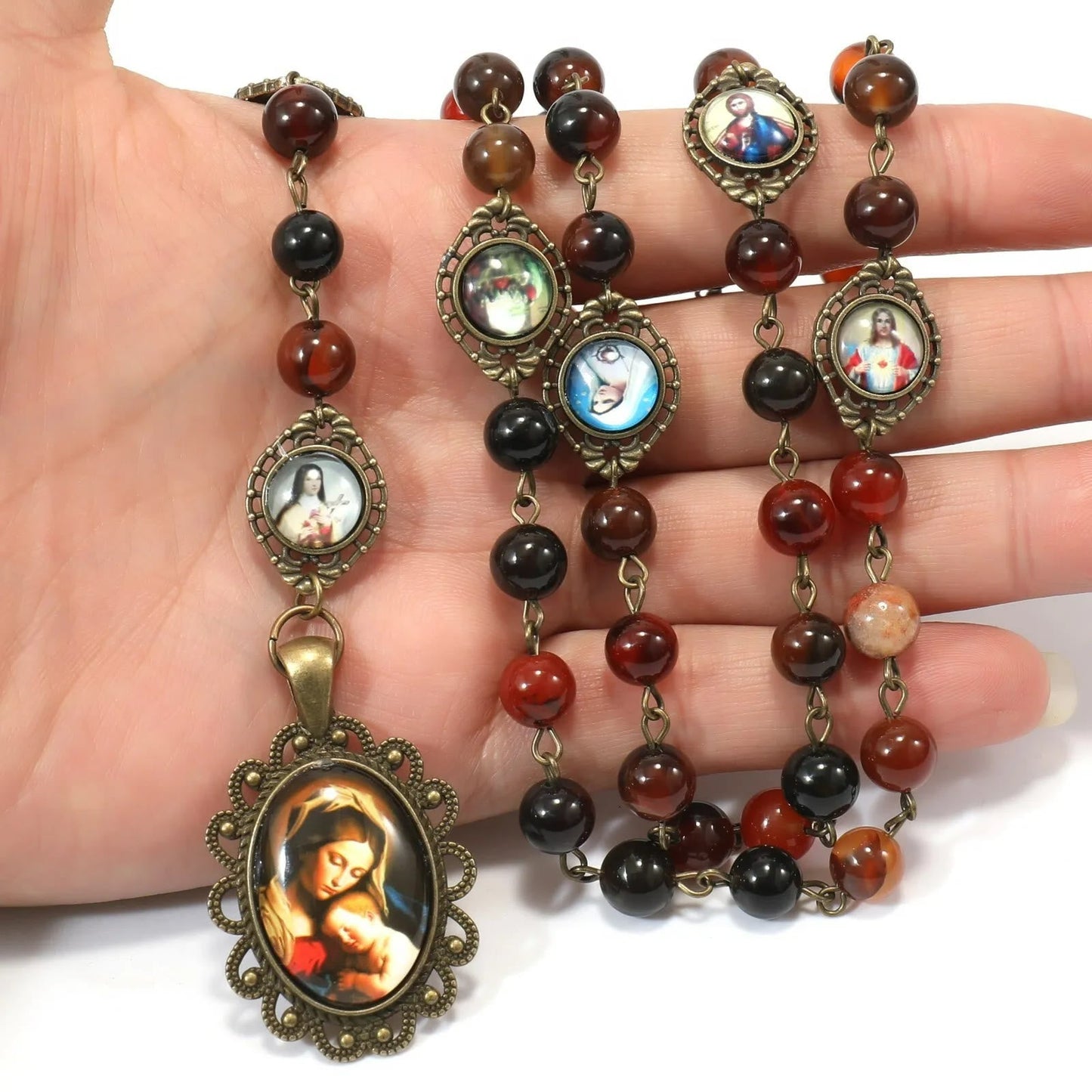 AMUSOUL Retro Agate Stone Virgin Mary Seven Sorrow Rosary