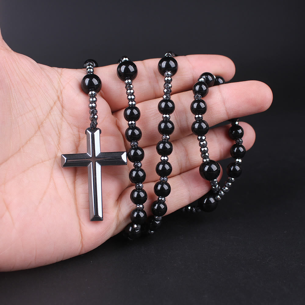 AMUSOUL Agate/Tiger's Eye Stone Cross Catholic Rosary
