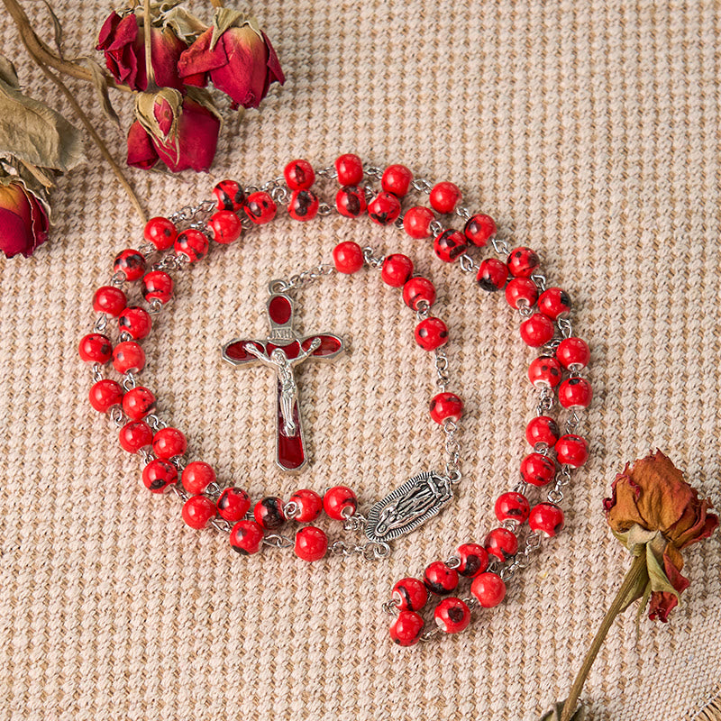 AMUSOUL Our Lady of Guadalupe & Crucifix of 8 mm Round Red Ceramics Alloy Chain Rosary