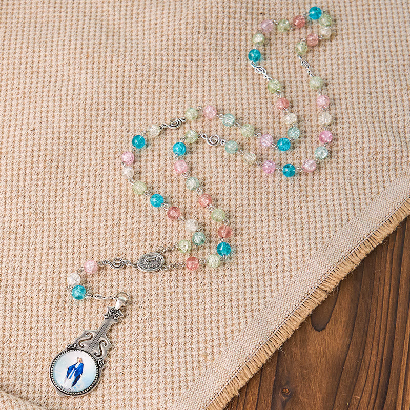AMUSOUL Our Lady of Fatima & Assumption of Our Lady of 8mm Round Multicolor Glass Alloy Chain Rosary