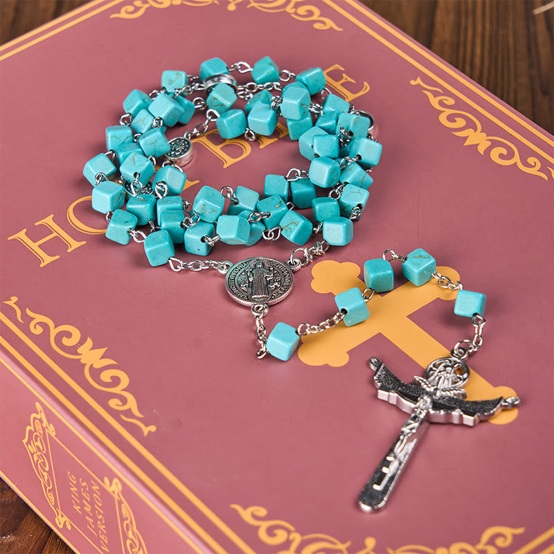 AMUSOUL 2 Style Irregular Beads Turquoise Alloy Chain Rosary with Our Lady/St. Benedict Medal