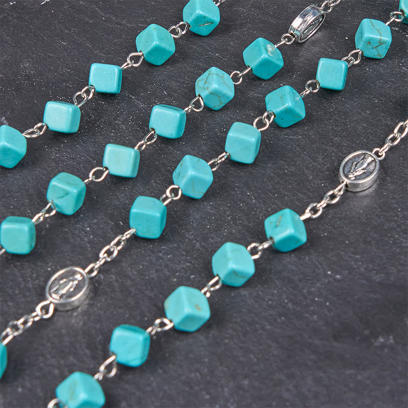 AMUSOUL 2 Style Irregular Beads Turquoise Alloy Chain Rosary with Our Lady/St. Benedict Medal