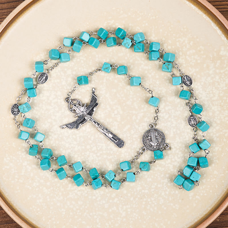 AMUSOUL 2 Style Irregular Beads Turquoise Alloy Chain Rosary with Our Lady/St. Benedict Medal