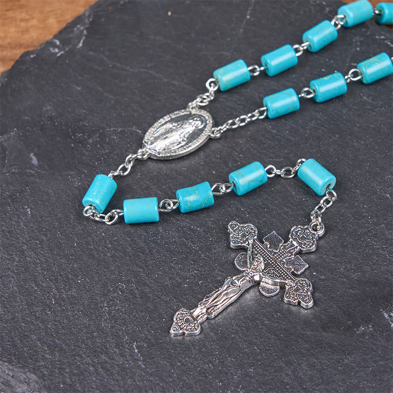 AMUSOUL 2 Style Irregular Beads Turquoise Alloy Chain Rosary with Our Lady/St. Benedict Medal