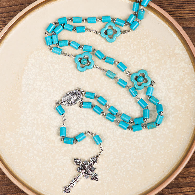 AMUSOUL 2 Style Irregular Beads Turquoise Alloy Chain Rosary with Our Lady/St. Benedict Medal