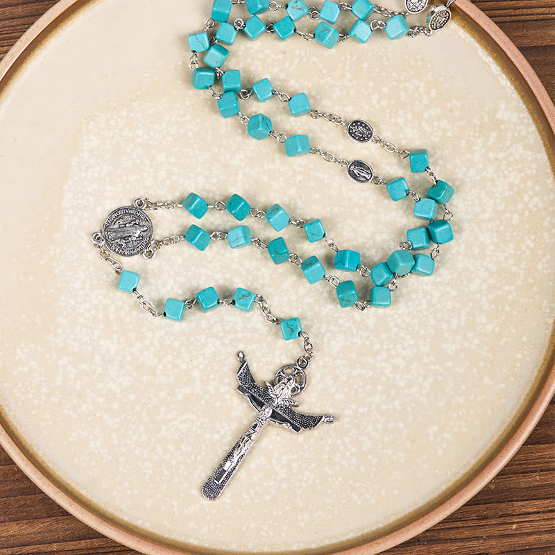 AMUSOUL 2 Style Irregular Beads Turquoise Alloy Chain Rosary with Our Lady/St. Benedict Medal