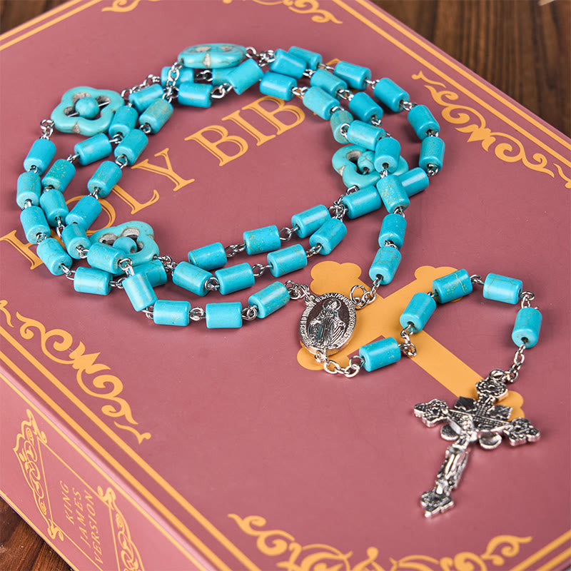 AMUSOUL 2 Style Irregular Beads Turquoise Alloy Chain Rosary with Our Lady/St. Benedict Medal