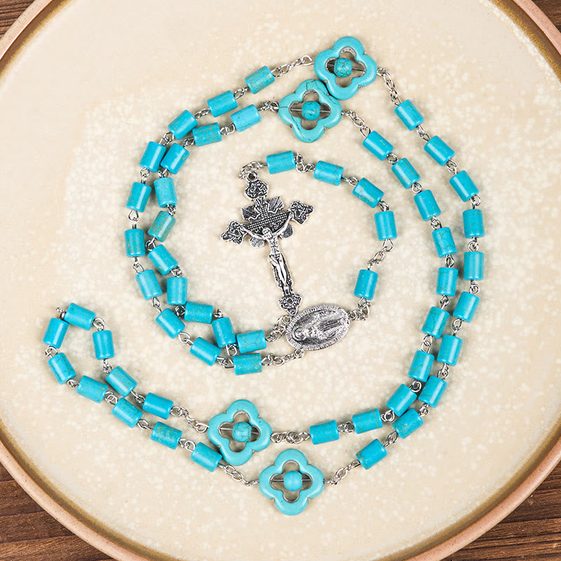 AMUSOUL 2 Style Irregular Beads Turquoise Alloy Chain Rosary with Our Lady/St. Benedict Medal