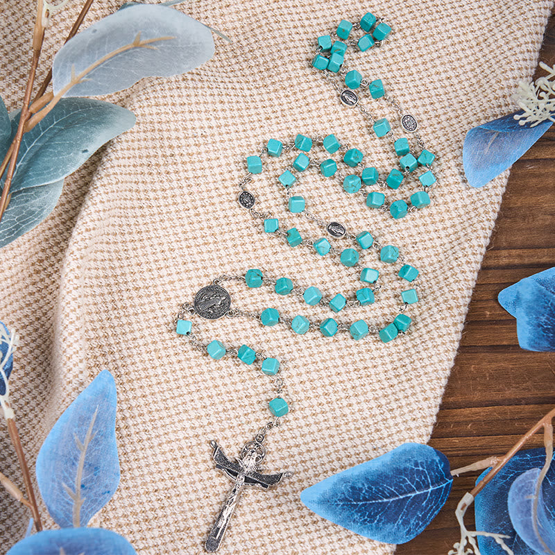 AMUSOUL 2 Style Irregular Beads Turquoise Alloy Chain Rosary with Our Lady/St. Benedict Medal