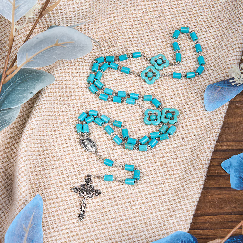 AMUSOUL 2 Style Irregular Beads Turquoise Alloy Chain Rosary with Our Lady/St. Benedict Medal