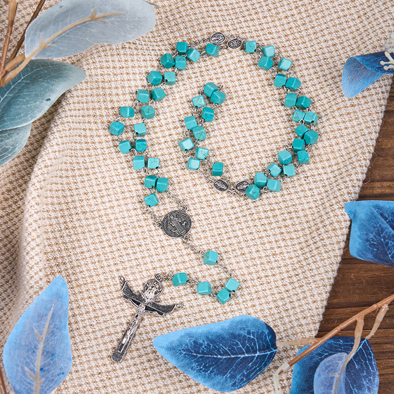 AMUSOUL 2 Style Irregular Beads Turquoise Alloy Chain Rosary with Our Lady/St. Benedict Medal
