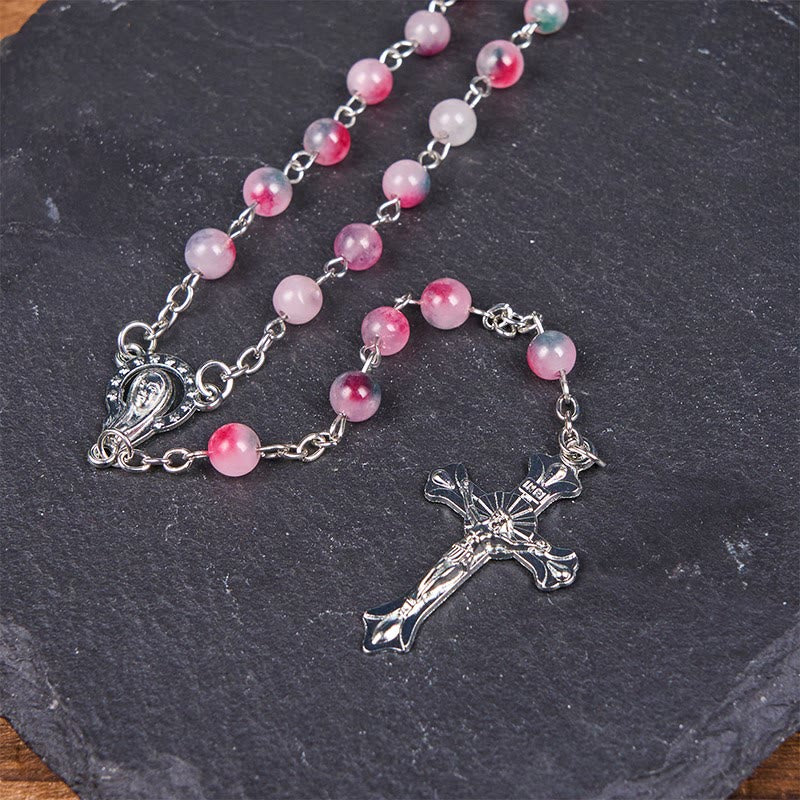 AMUSOUL Our Lady of Rosary & Crucifix of 6mm Round Multi-pink Agate Alloy Chain Rosary