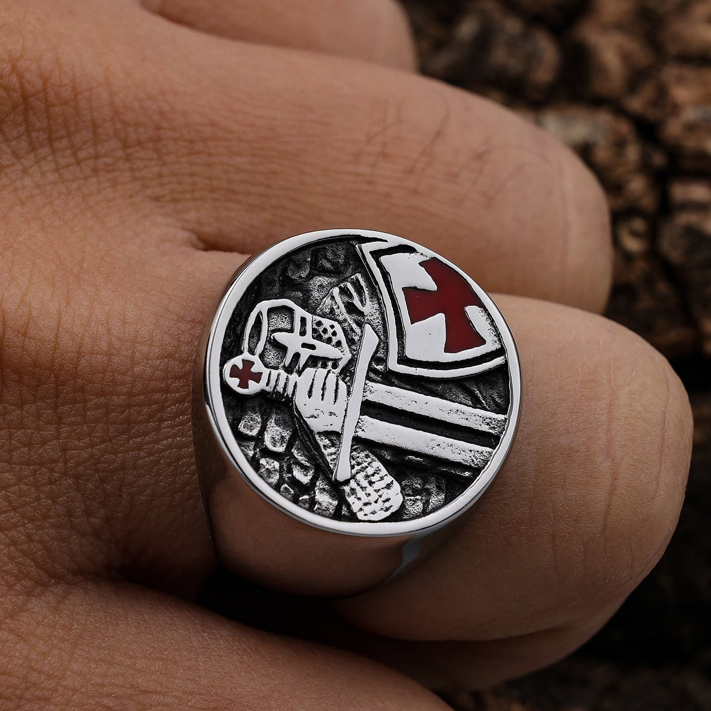 AMUSOUL Retro Classic Style Knights Templar Cross Divine Faith Ring