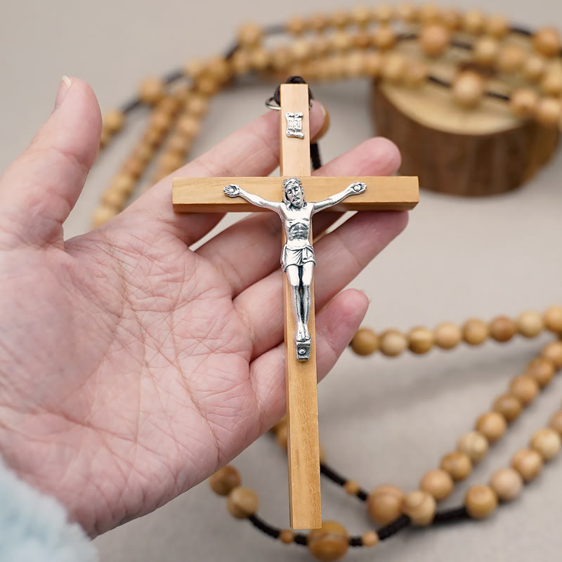 AMUSOUL 12mm Olive Wood Beads Fifteen Decade Praying Rosary of the Blessed