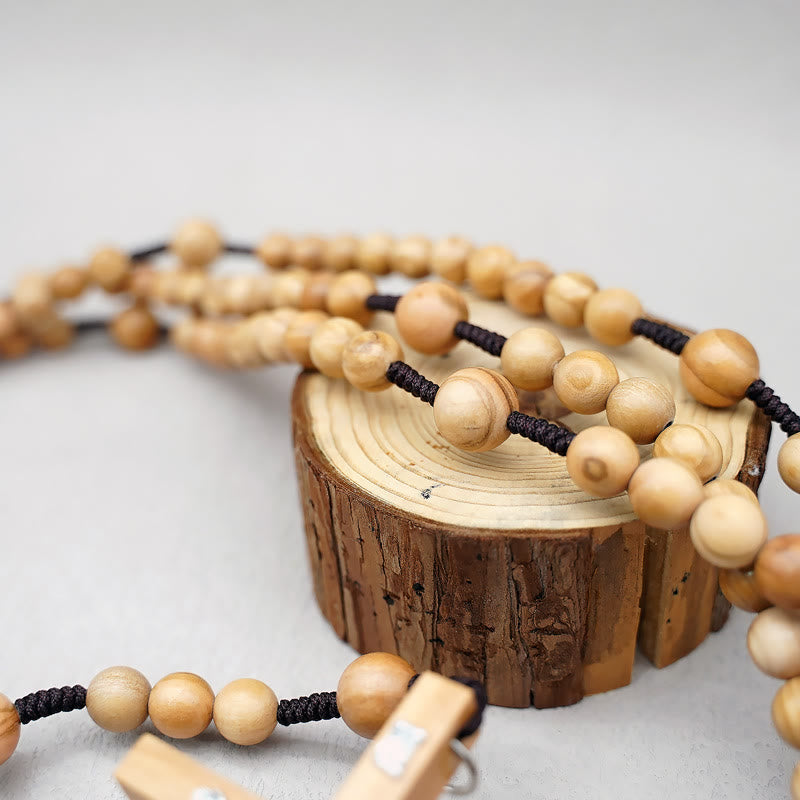 AMUSOUL 12mm Olive Wood Beads Fifteen Decade Praying Rosary of the Blessed