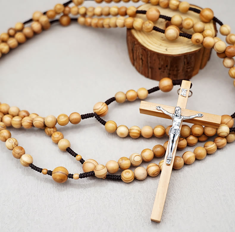 AMUSOUL 12mm Olive Wood Beads Fifteen Decade Praying Rosary of the Blessed