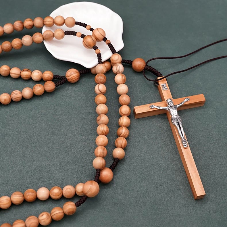 AMUSOUL 12mm Olive Wood Beads Fifteen Decade Praying Rosary of the Blessed