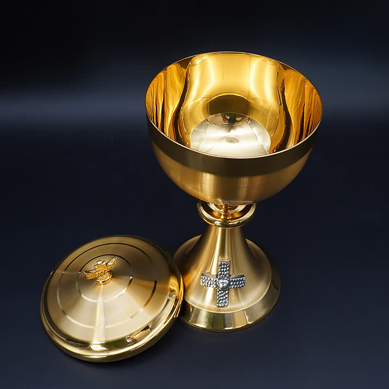 AMUSOUL Exquisite Gold-Tone Cross-Adorned Chalice and Pyx - Divine Vessels for Sacred Communion