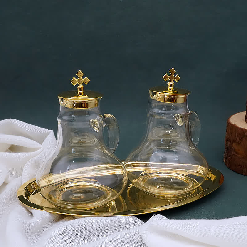 AMUSOUL Elegant Brass-Trimmed Glass Cruet Set with Cross Motif - Traditional Worship Accessories