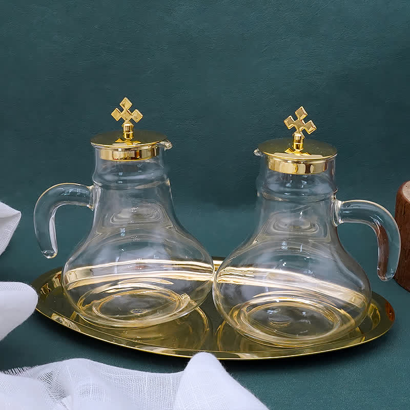 AMUSOUL Elegant Brass-Trimmed Glass Cruet Set with Cross Motif - Traditional Worship Accessories