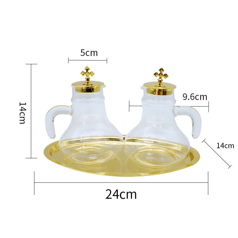 AMUSOUL Elegant Brass-Trimmed Glass Cruet Set with Cross Motif - Traditional Worship Accessories