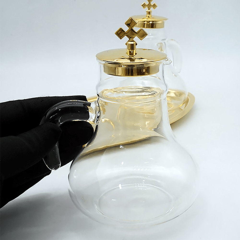 AMUSOUL Elegant Brass-Trimmed Glass Cruet Set with Cross Motif - Traditional Worship Accessories