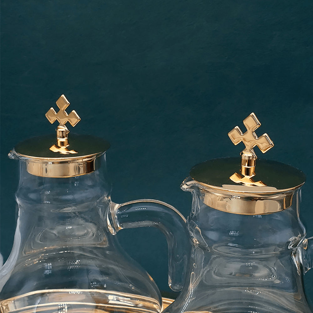 AMUSOUL Elegant Brass-Trimmed Glass Cruet Set with Cross Motif - Traditional Worship Accessories