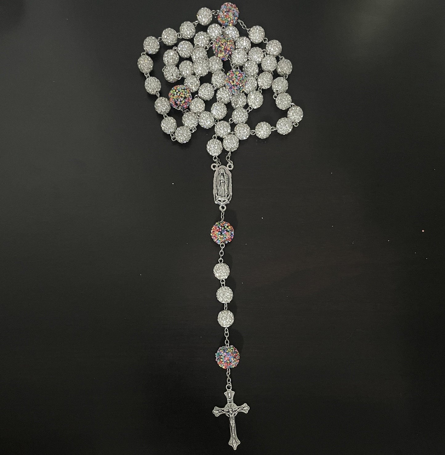 AMUSOUL Our Lady of Guadalupe & Crucifix of 10mm Round White Rhinestone Alloy Chain Rosary