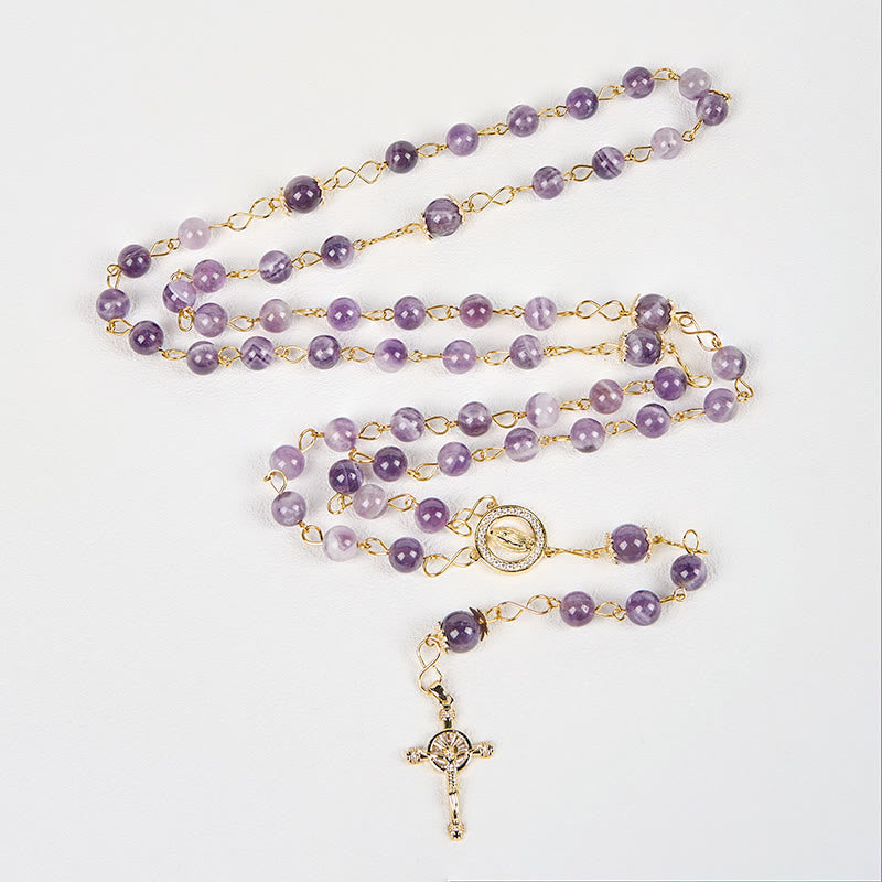 AMUSOUL Our Lady of Guadalupe & Crucifix of 8mm Round Purple Crystal Rosary