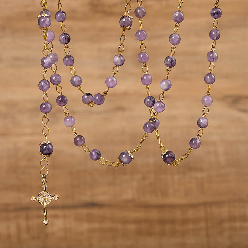 AMUSOUL Our Lady of Guadalupe & Crucifix of 8mm Round Purple Crystal Rosary