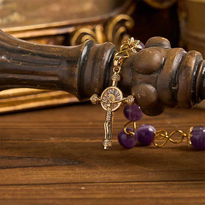 AMUSOUL Our Lady of Guadalupe & Crucifix of 8mm Round Purple Crystal Rosary
