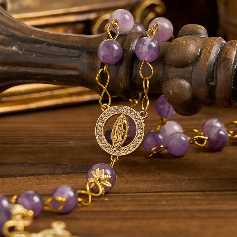 AMUSOUL Our Lady of Guadalupe & Crucifix of 8mm Round Purple Crystal Rosary