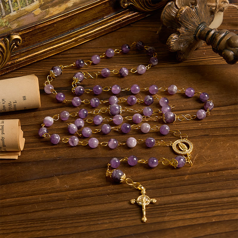AMUSOUL Our Lady of Guadalupe & Crucifix of 8mm Round Purple Crystal Rosary