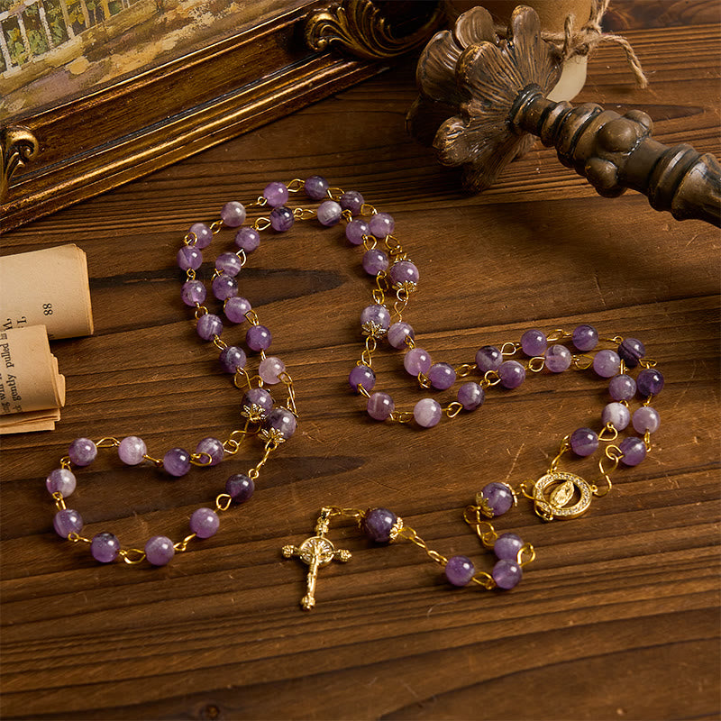 AMUSOUL Our Lady of Guadalupe & Crucifix of 8mm Round Purple Crystal Rosary