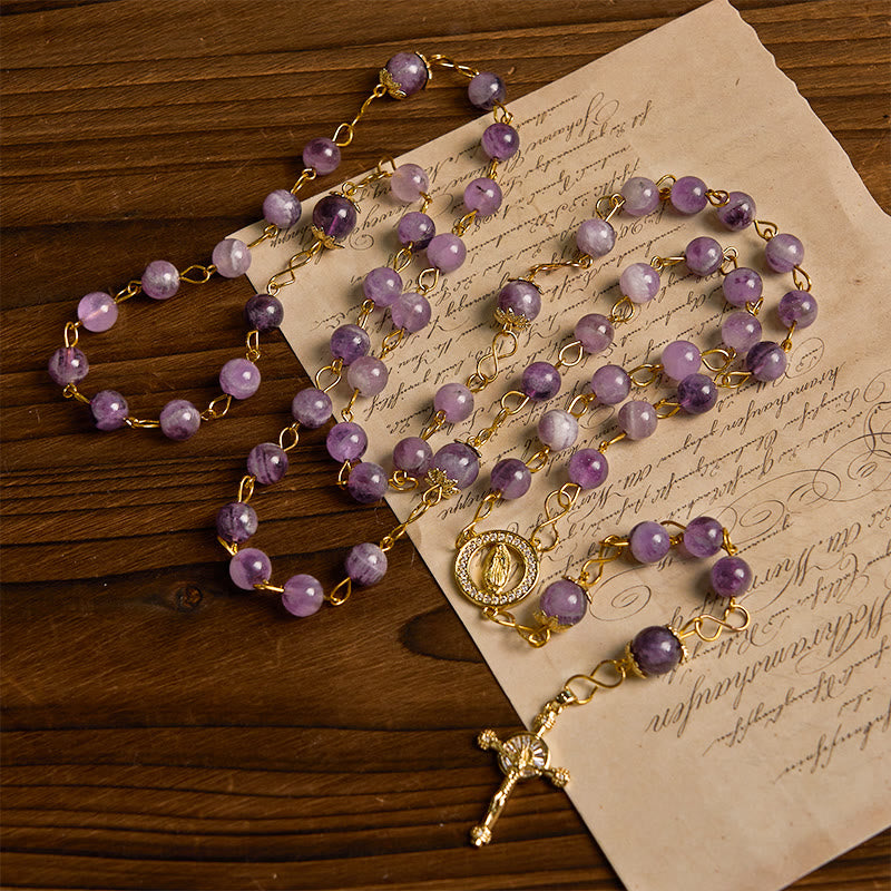 AMUSOUL Our Lady of Guadalupe & Crucifix of 8mm Round Purple Crystal Rosary