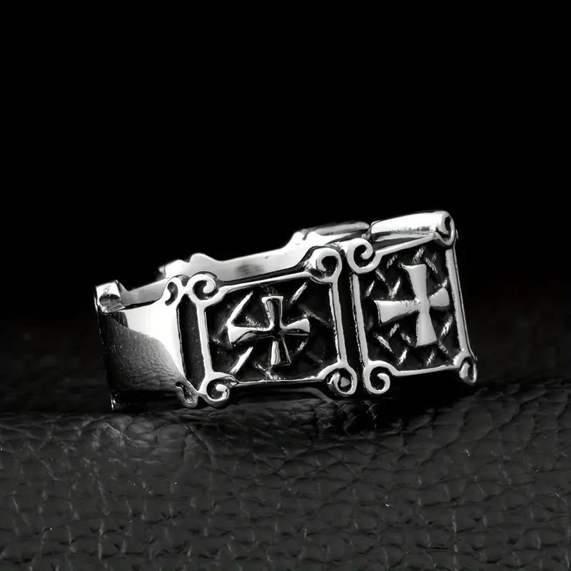 AMUSOUL Red & Black Gemstone Cross - Embellished Couple Ring: A Symbol of Faith and Style
