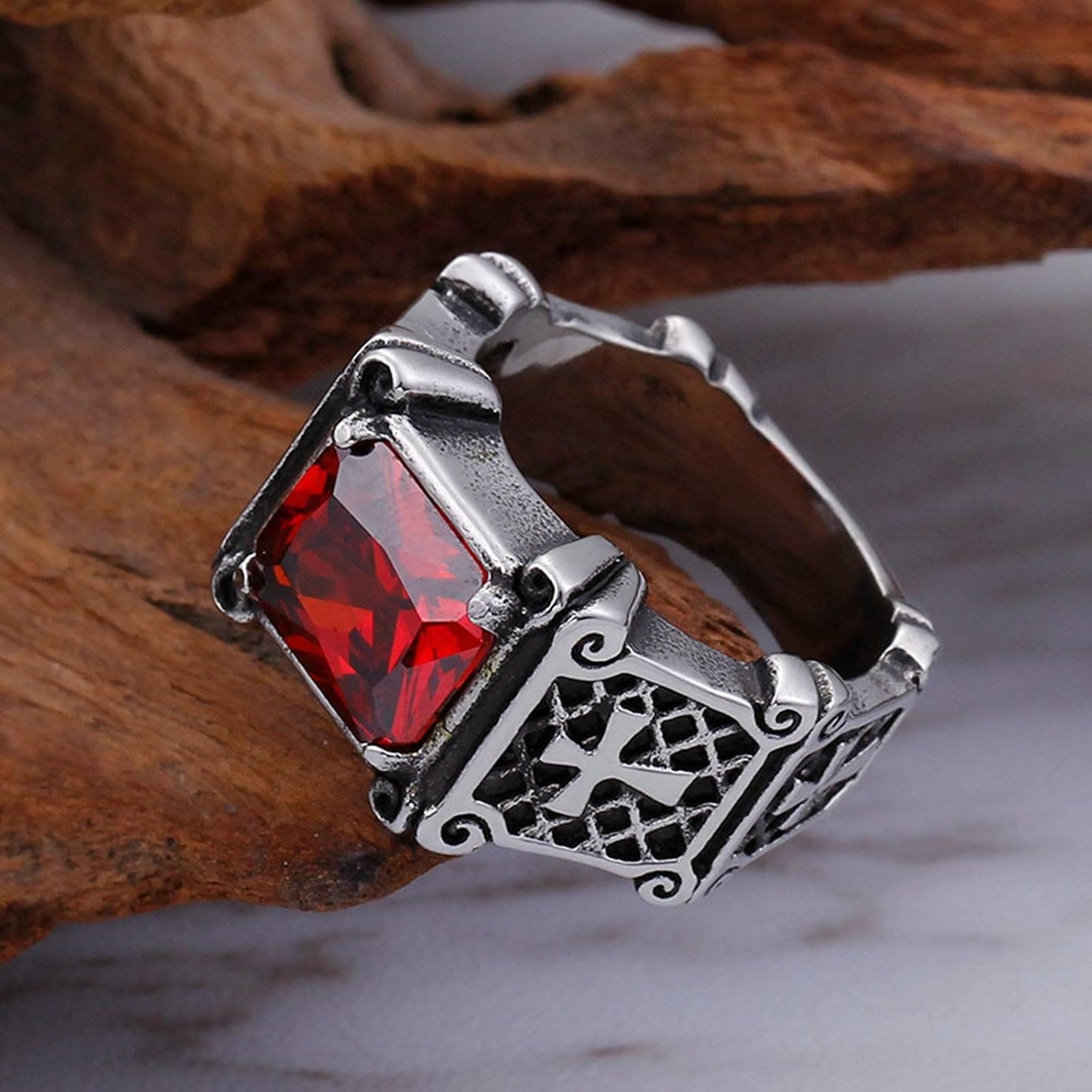 AMUSOUL Red & Black Gemstone Cross - Embellished Couple Ring: A Symbol of Faith and Style