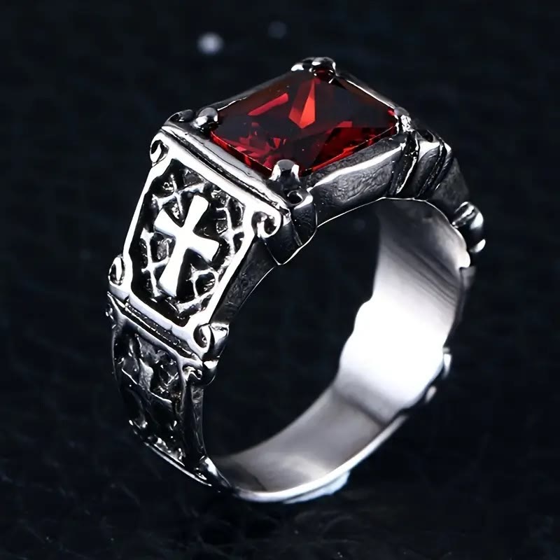 AMUSOUL Red & Black Gemstone Cross - Embellished Couple Ring: A Symbol of Faith and Style