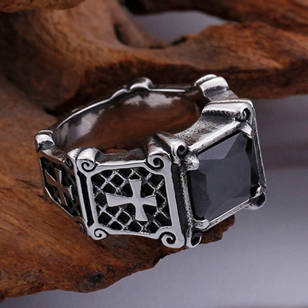 AMUSOUL Red & Black Gemstone Cross - Embellished Couple Ring: A Symbol of Faith and Style