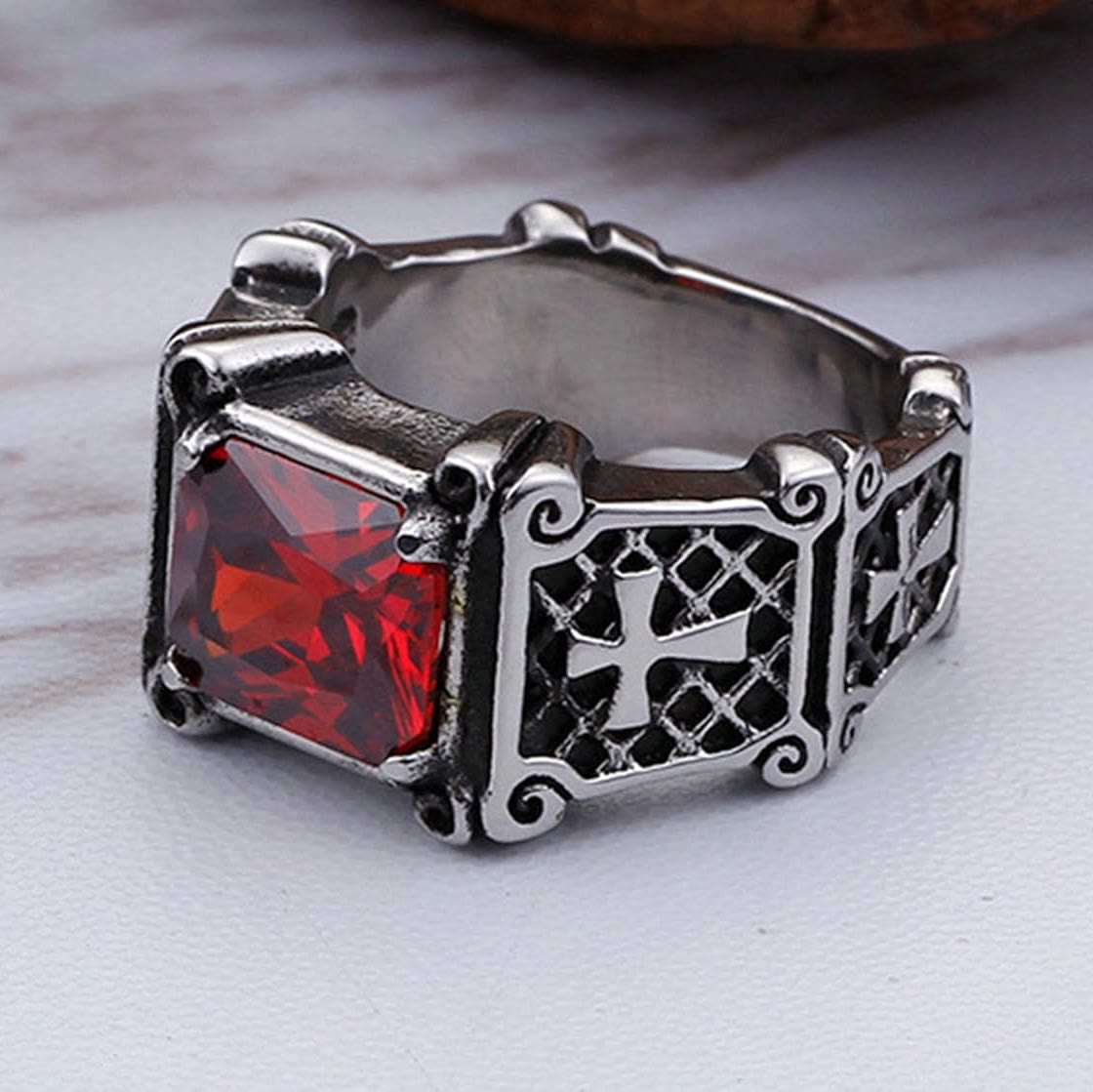 AMUSOUL Red & Black Gemstone Cross - Embellished Couple Ring: A Symbol of Faith and Style