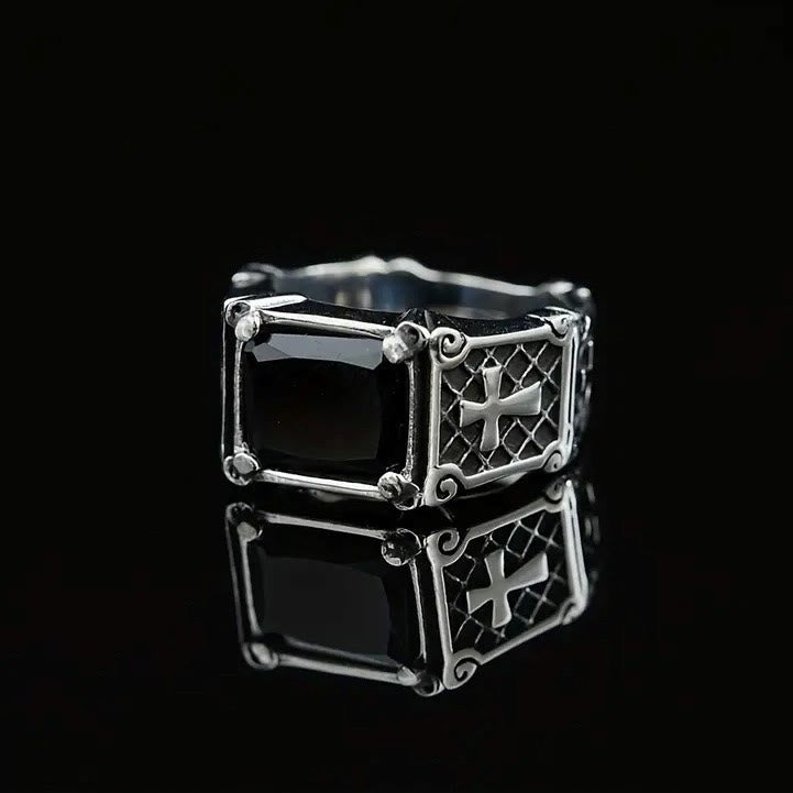 AMUSOUL Red & Black Gemstone Cross - Embellished Couple Ring: A Symbol of Faith and Style